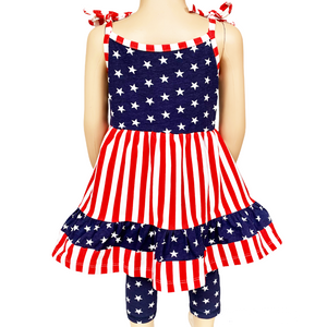 Girls 4th of July Stars & Striped Dress & Capri Leggings Outfit