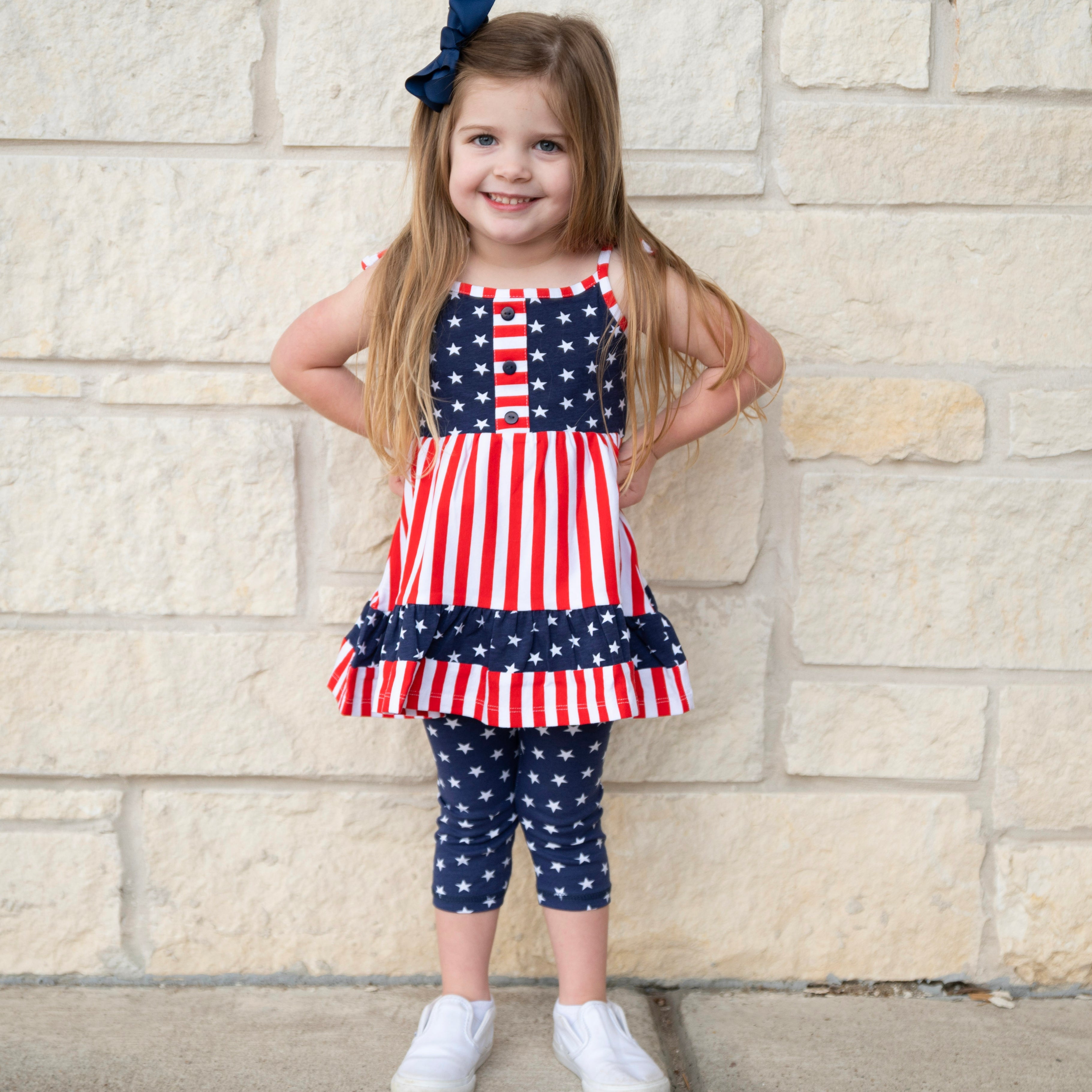 Girls 4th of July Stars & Striped Dress & Capri Leggings Outfit