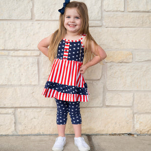 Girls 4th of July Stars & Striped Dress & Capri Leggings Outfit