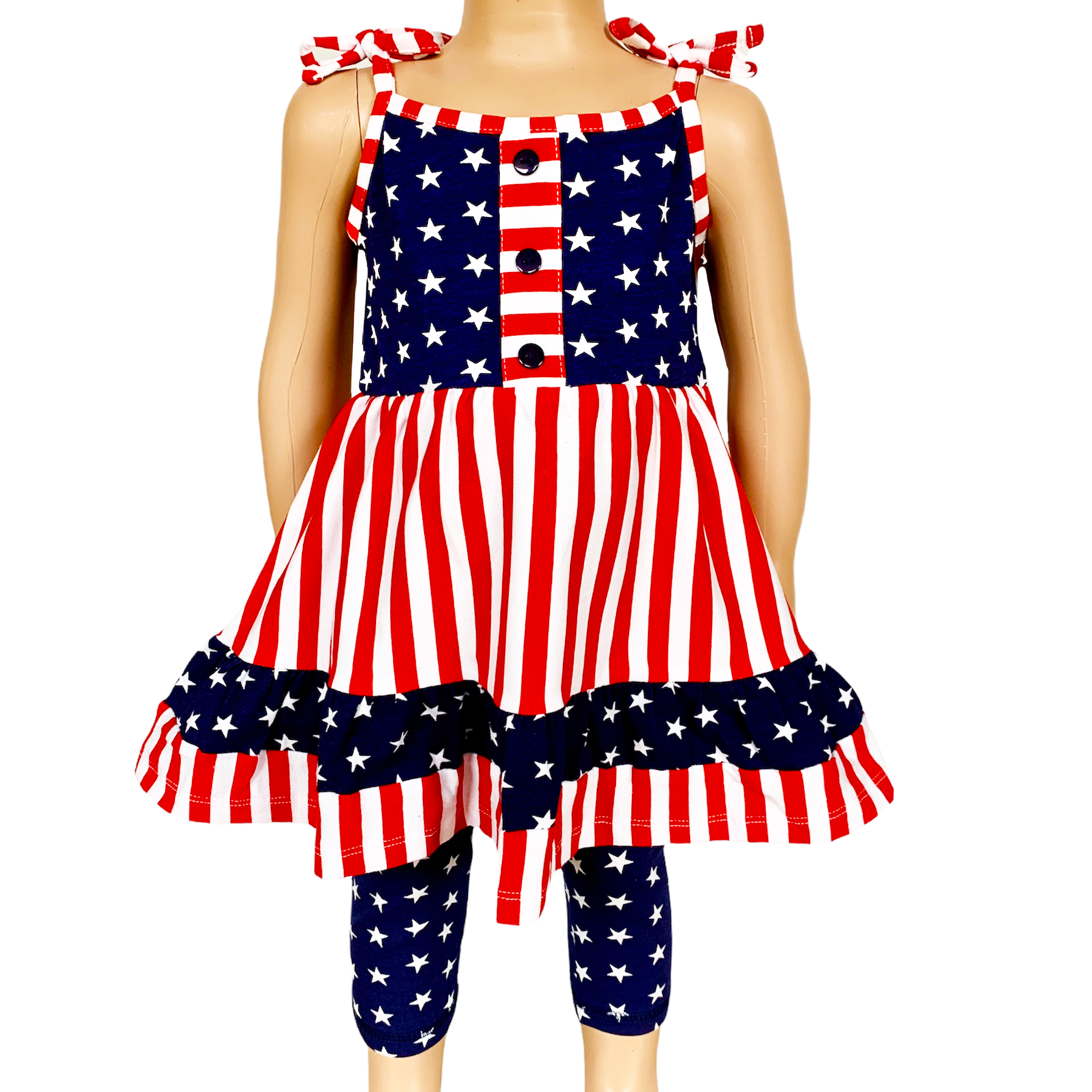 Girls 4th of July Stars & Striped Dress & Capri Leggings Outfit