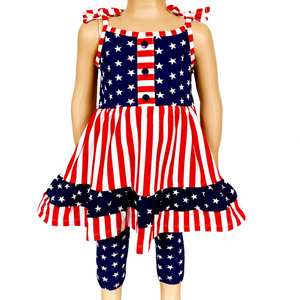 Girls 4th of July Stars & Striped Dress & Capri Leggings Outfit