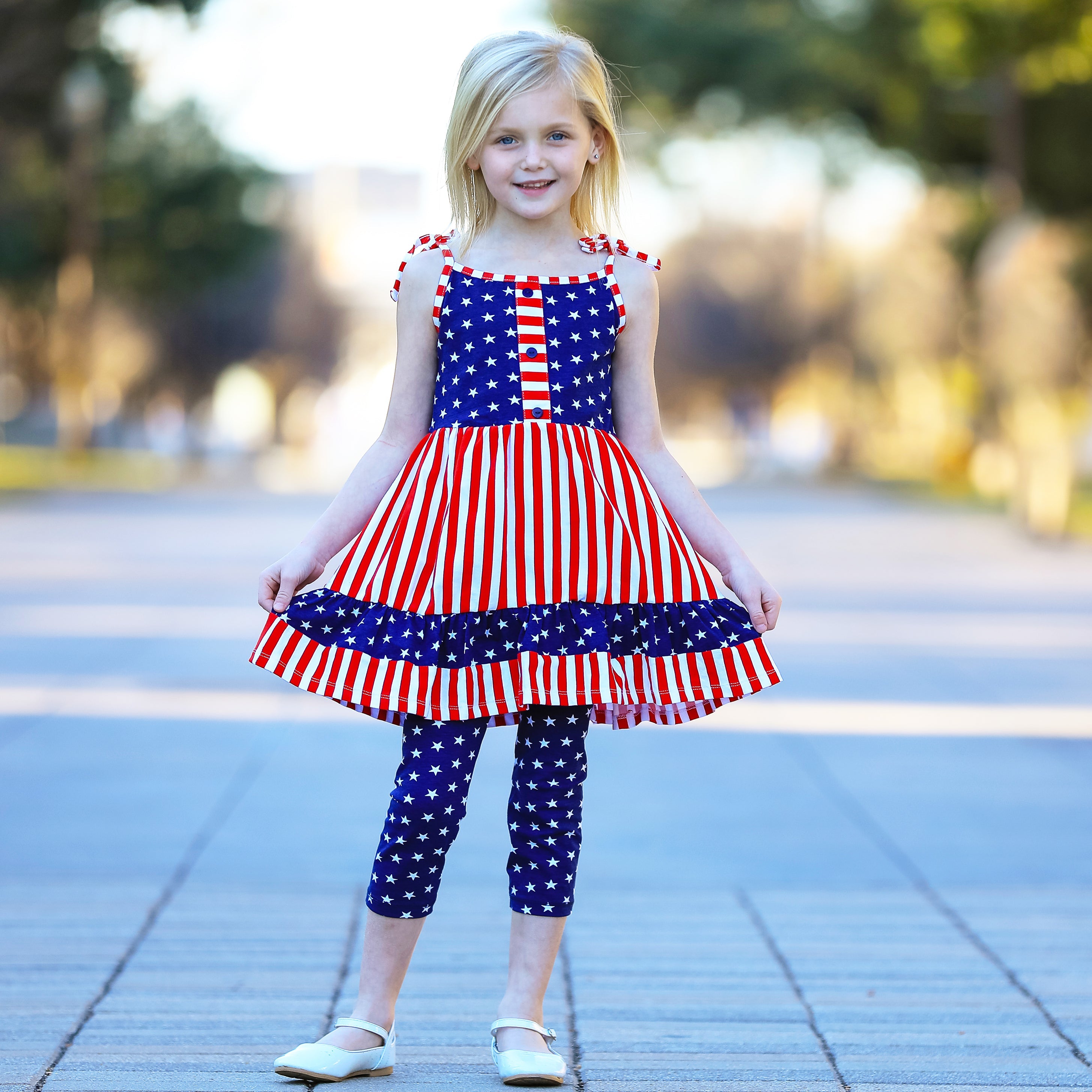 Girls 4th of July Stars & Striped Dress & Capri Leggings Outfit