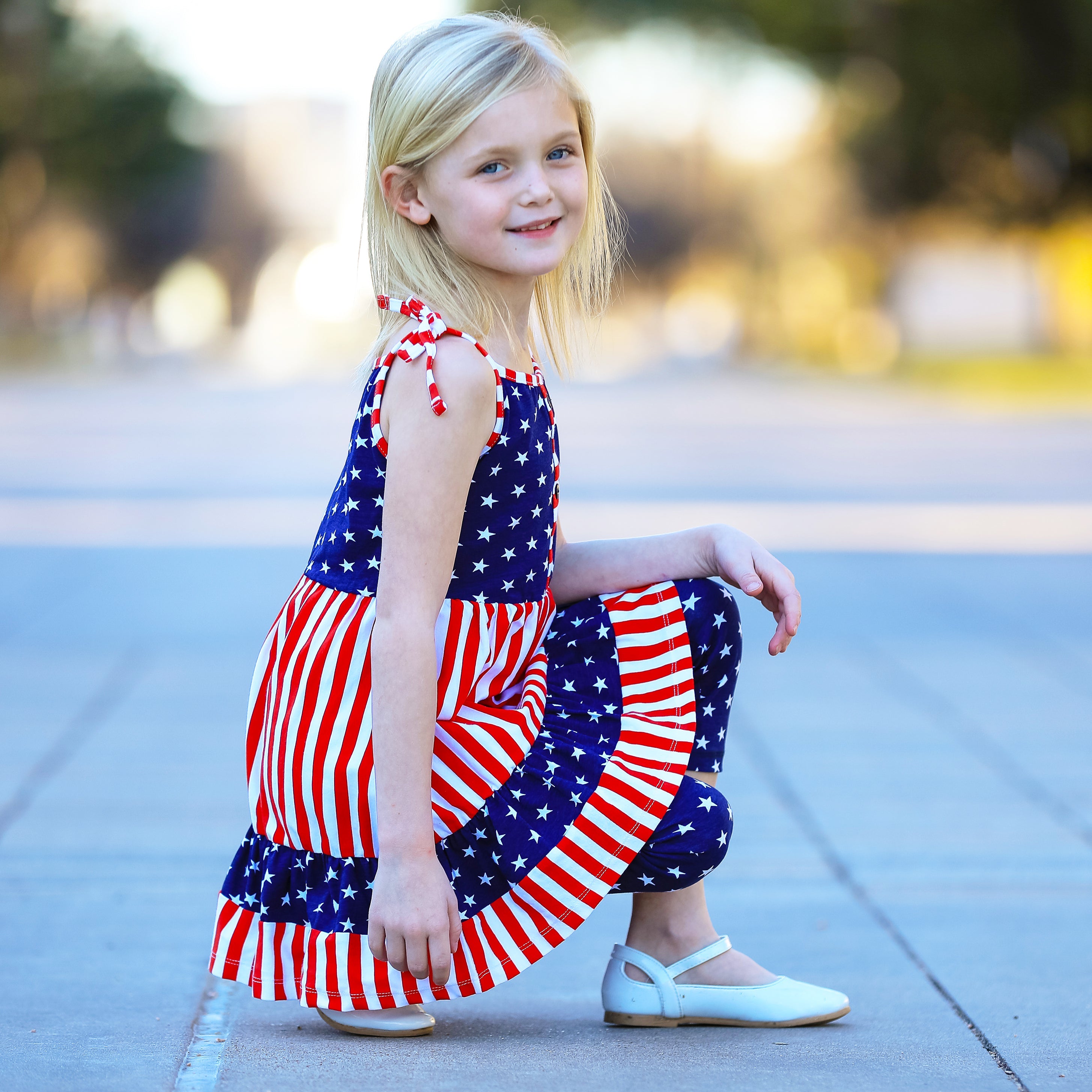 Girls 4th of July Stars & Striped Dress & Capri Leggings Outfit