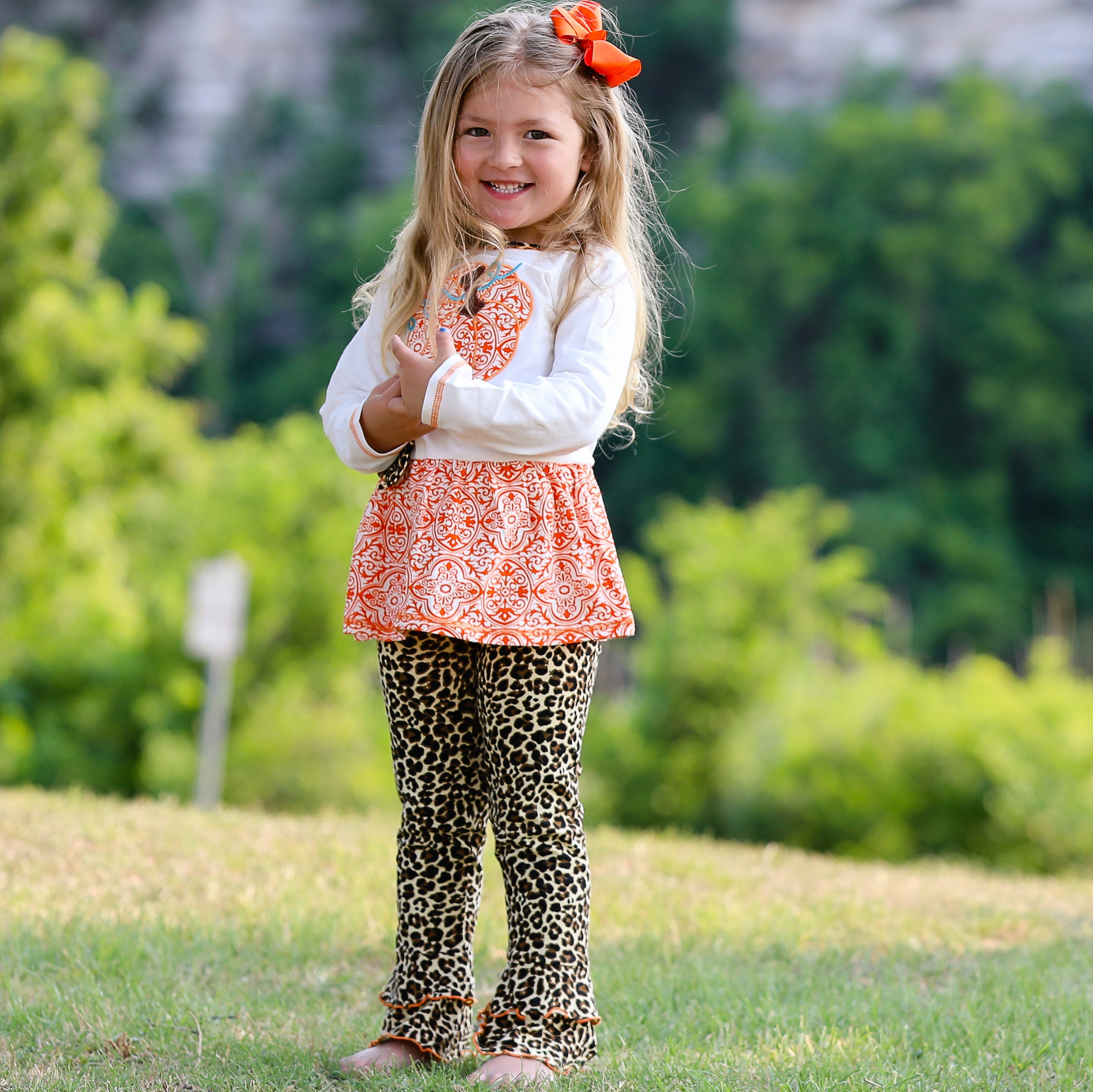 Girls Autumn Orange Pumpkin Leopard Tunic Thanksgiving Outfit