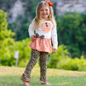 Girls Autumn Orange Pumpkin Leopard Tunic Thanksgiving Outfit