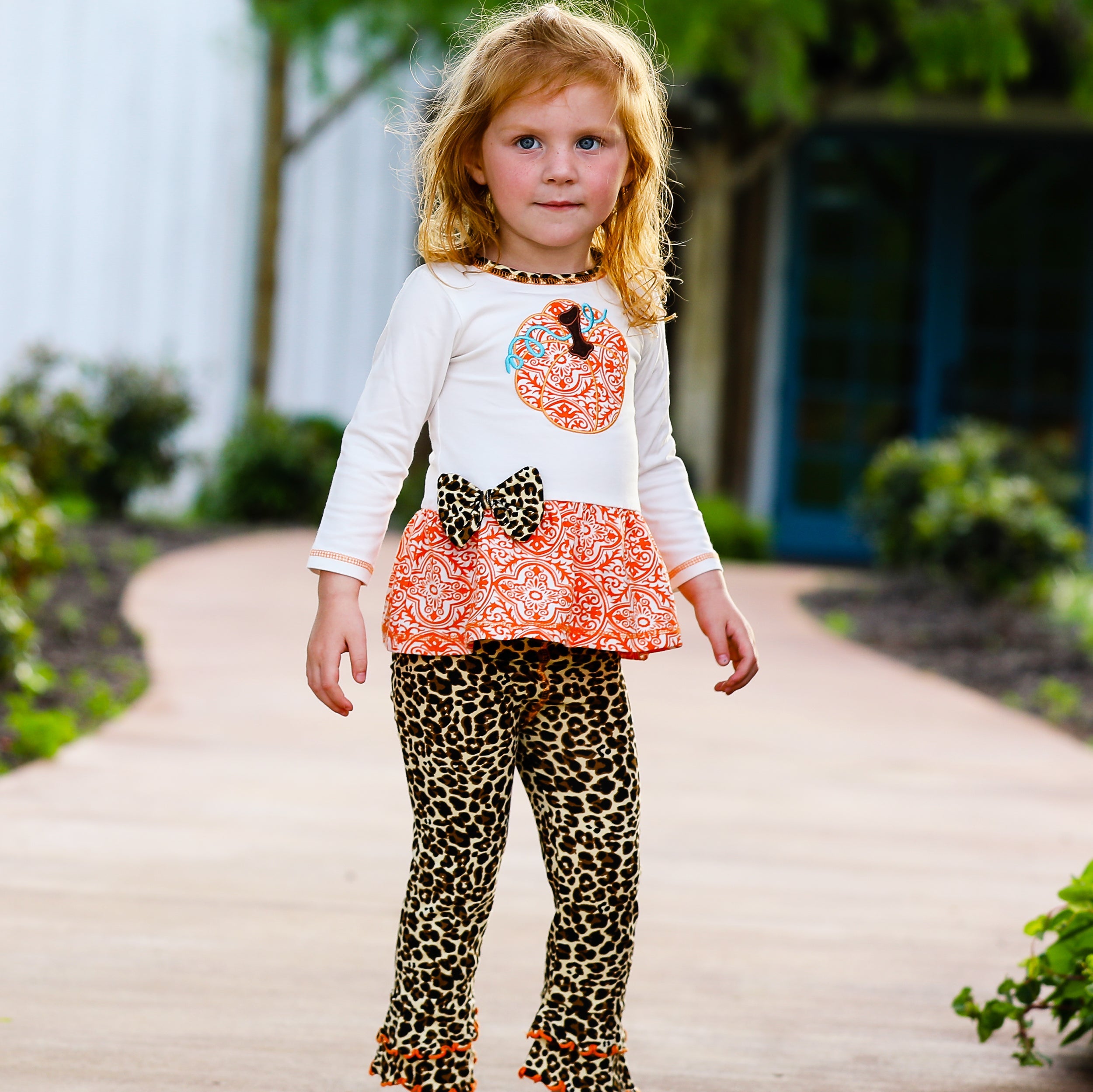 Girls Autumn Orange Pumpkin Leopard Tunic Thanksgiving Outfit