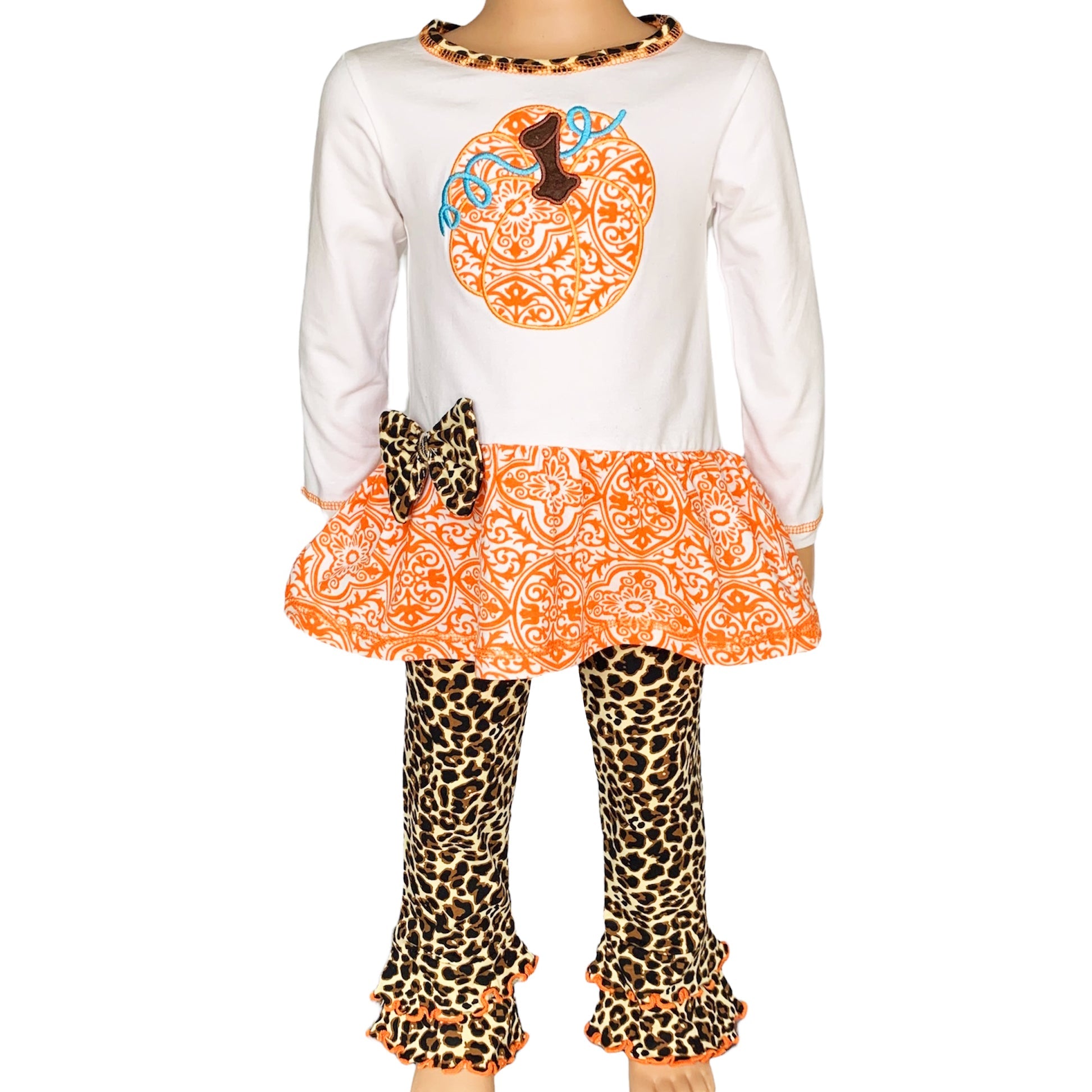 Girls Autumn Orange Pumpkin Leopard Tunic Thanksgiving Outfit