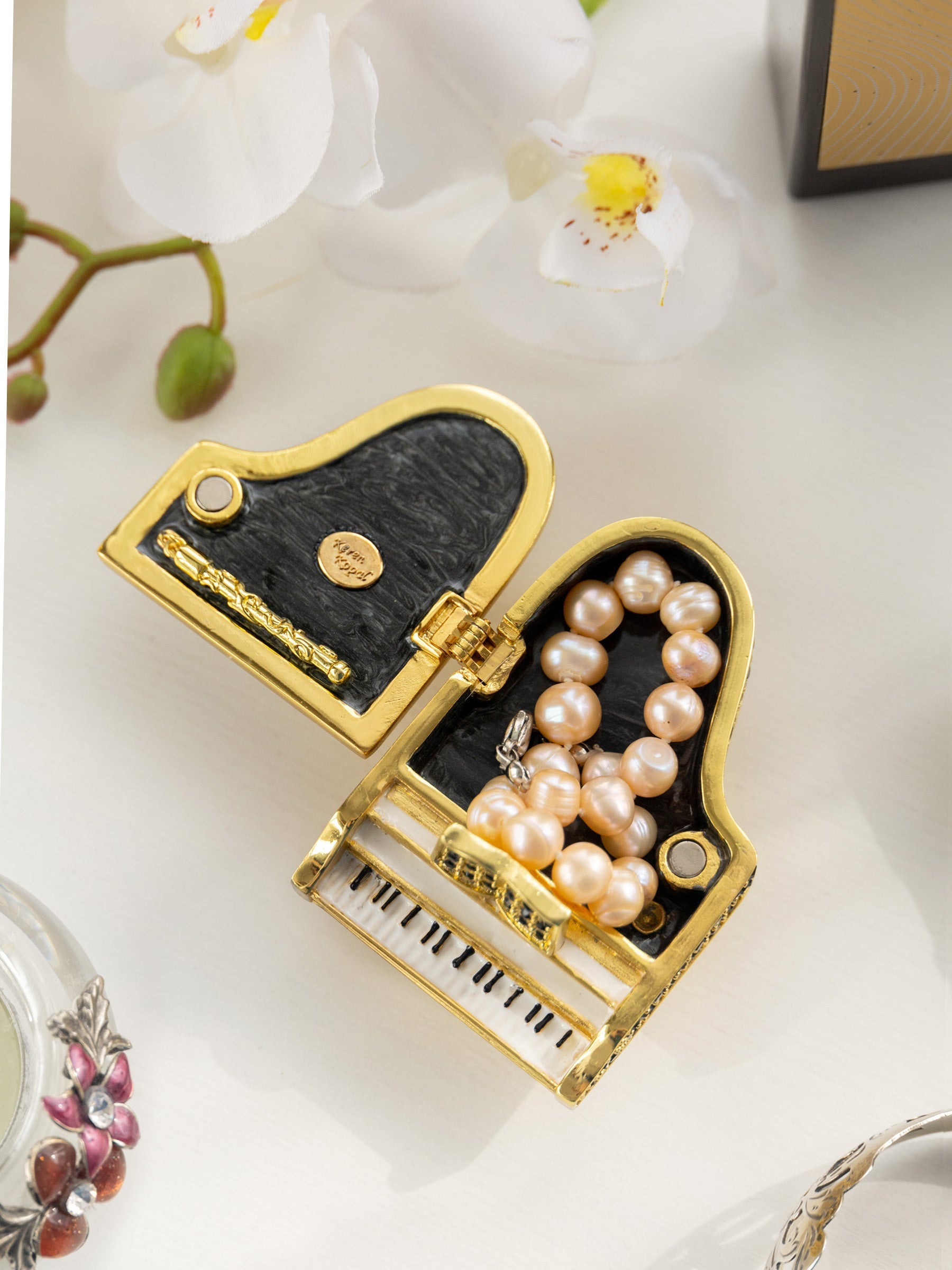 Golden White Piano with Black Crystals-8