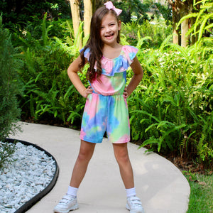 Girls Pastel Tie Dye Shorts Jumpsuit One Piece Outfit Spring Outfit