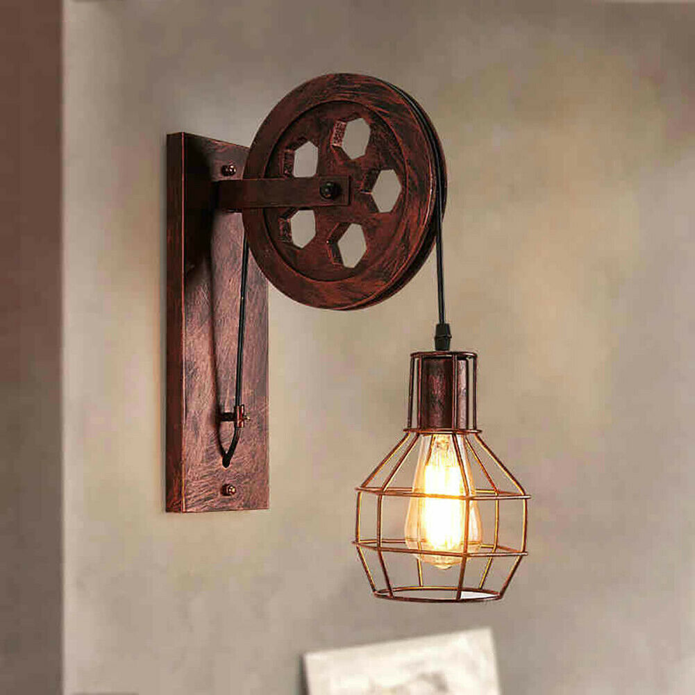 Retro Vintage Light Shade Wheel Ceiling Lifting Pulley Industrial Wall Lamp Fixture~1472 - 99fab 