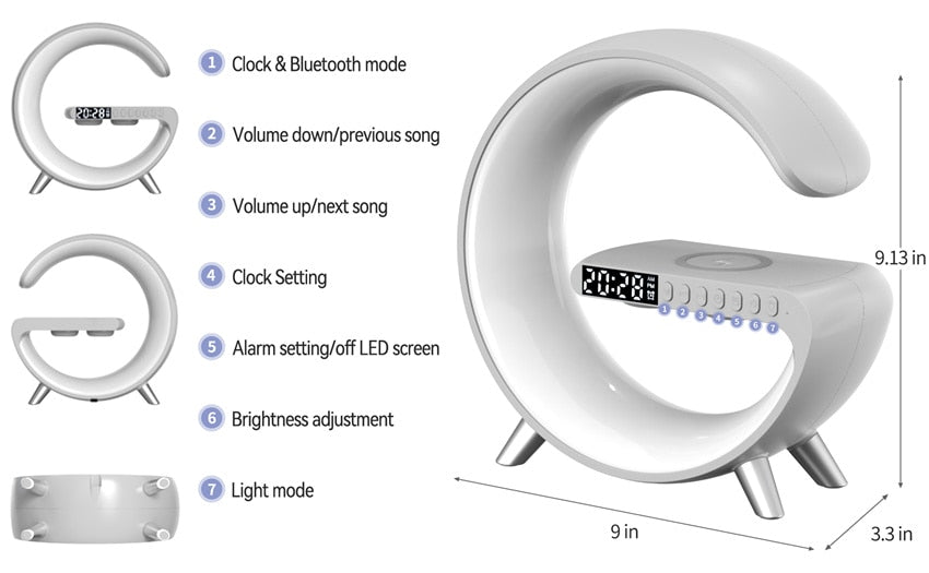 Smart Light Sound Machine Multifunctional Wireless Charger Alarm Clock Bluetooth Speaker APP Control RGB Charging Station