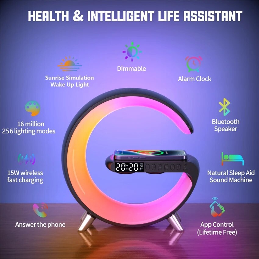 Smart Light Sound Machine Multifunctional Wireless Charger Alarm Clock Bluetooth Speaker APP Control RGB Charging Station