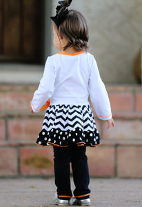 Girls' Halloween Orange Pumpkin and Black Cat Dress & Leggings Outfit