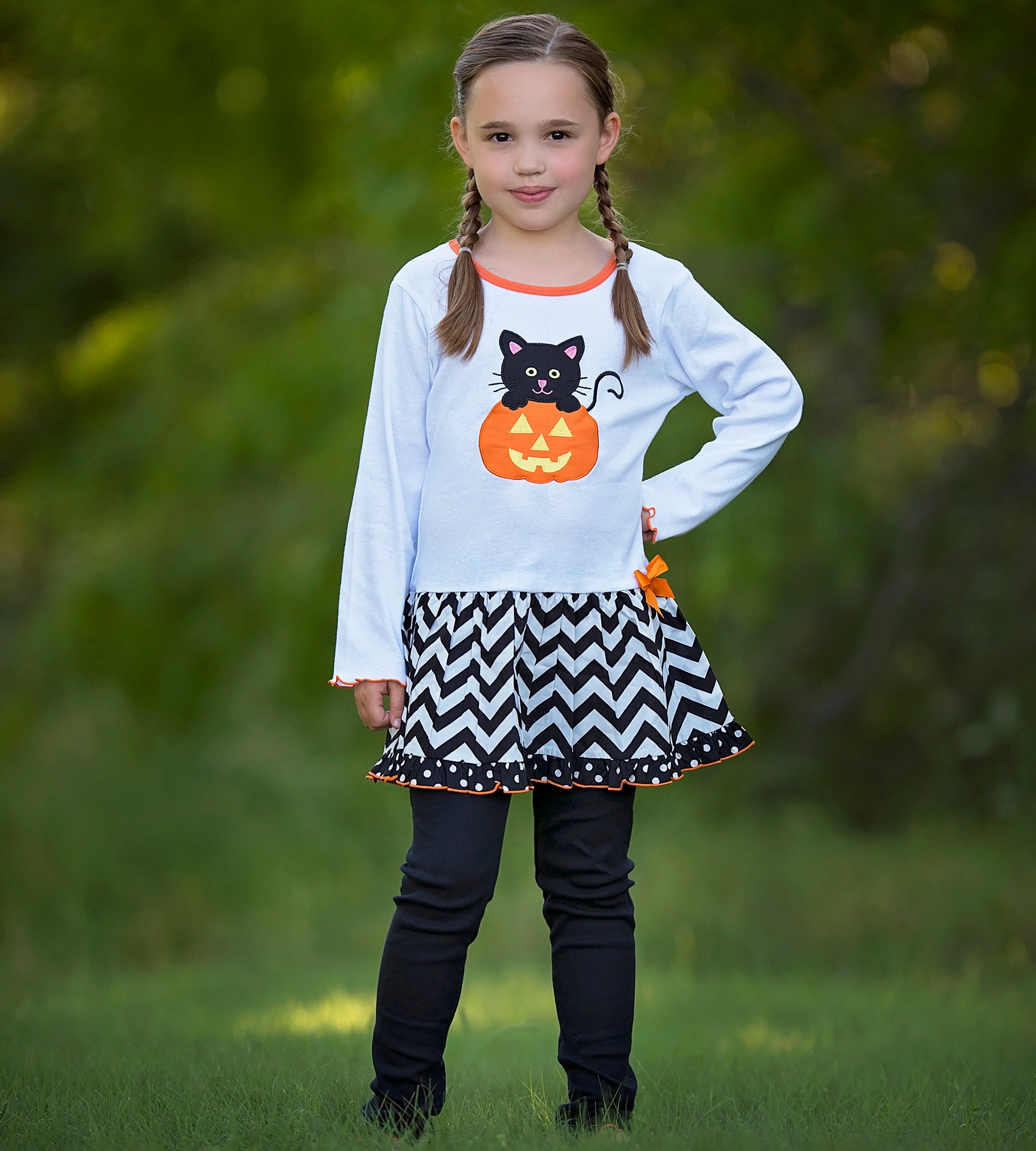 Girls' Halloween Orange Pumpkin and Black Cat Dress & Leggings Outfit