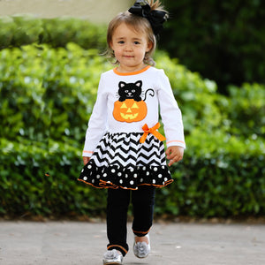 Girls' Halloween Orange Pumpkin and Black Cat Dress & Leggings Outfit