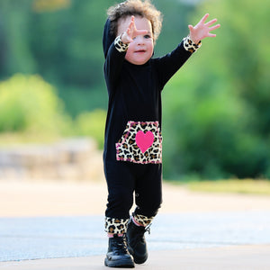 Girls Long Sleeve Leopard Heart Baby Toddler Romper Hoodie One Piece