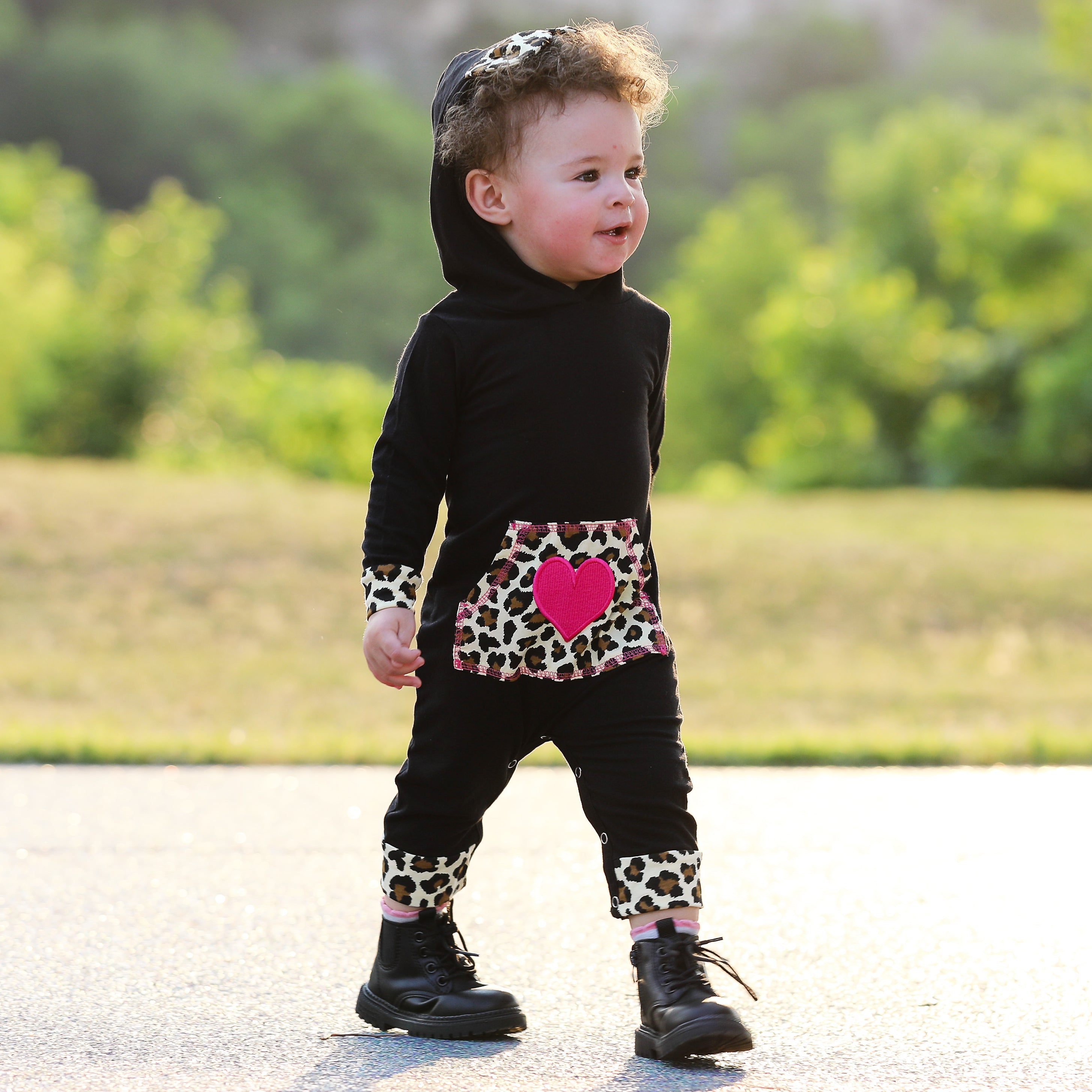 Girls Long Sleeve Leopard Heart Baby Toddler Romper Hoodie One Piece