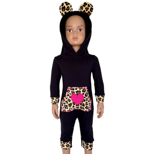 Girls Long Sleeve Leopard Heart Baby Toddler Romper Hoodie One Piece