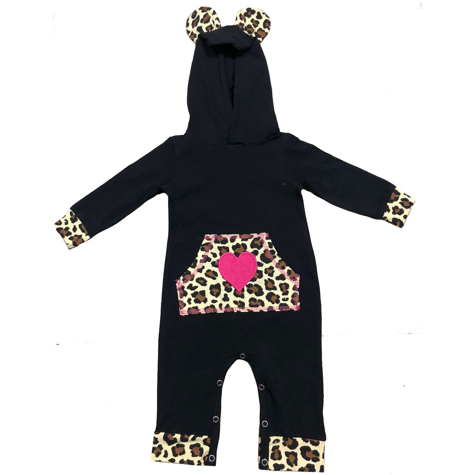 Girls Long Sleeve Leopard Heart Baby Toddler Romper Hoodie One Piece