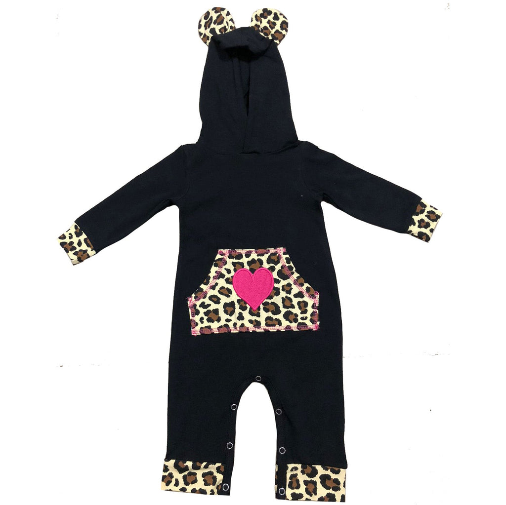 Girls Long Sleeve Leopard Heart Baby Toddler Romper Hoodie One Piece - 99fab 