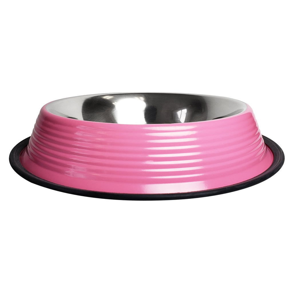 Ribbed No Tip Non Skid Colored Stainless Steel Bowl - Carnation Pink - 99fab 