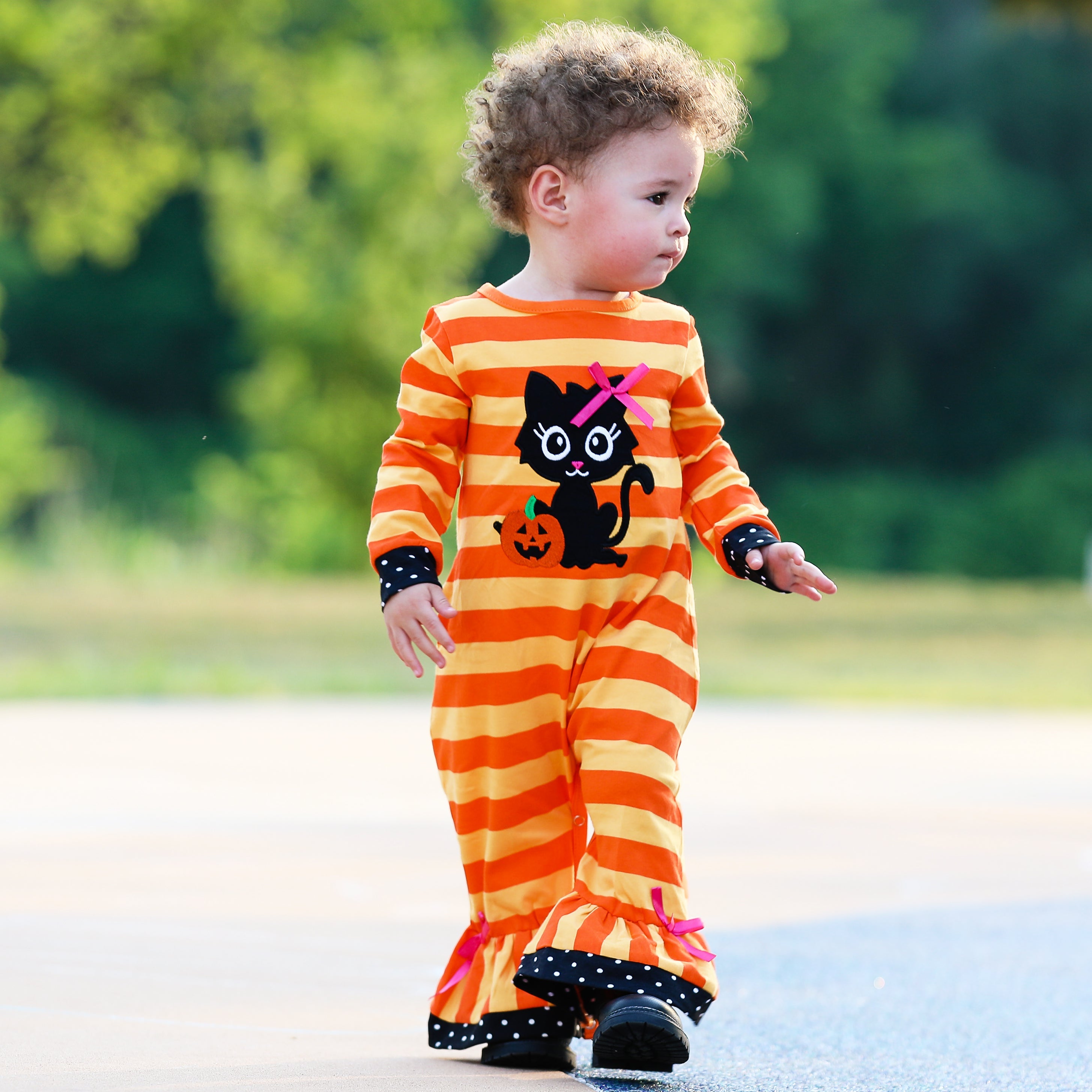 Baby Girls Halloween Sweet Black Cat Orange Cotton Romper