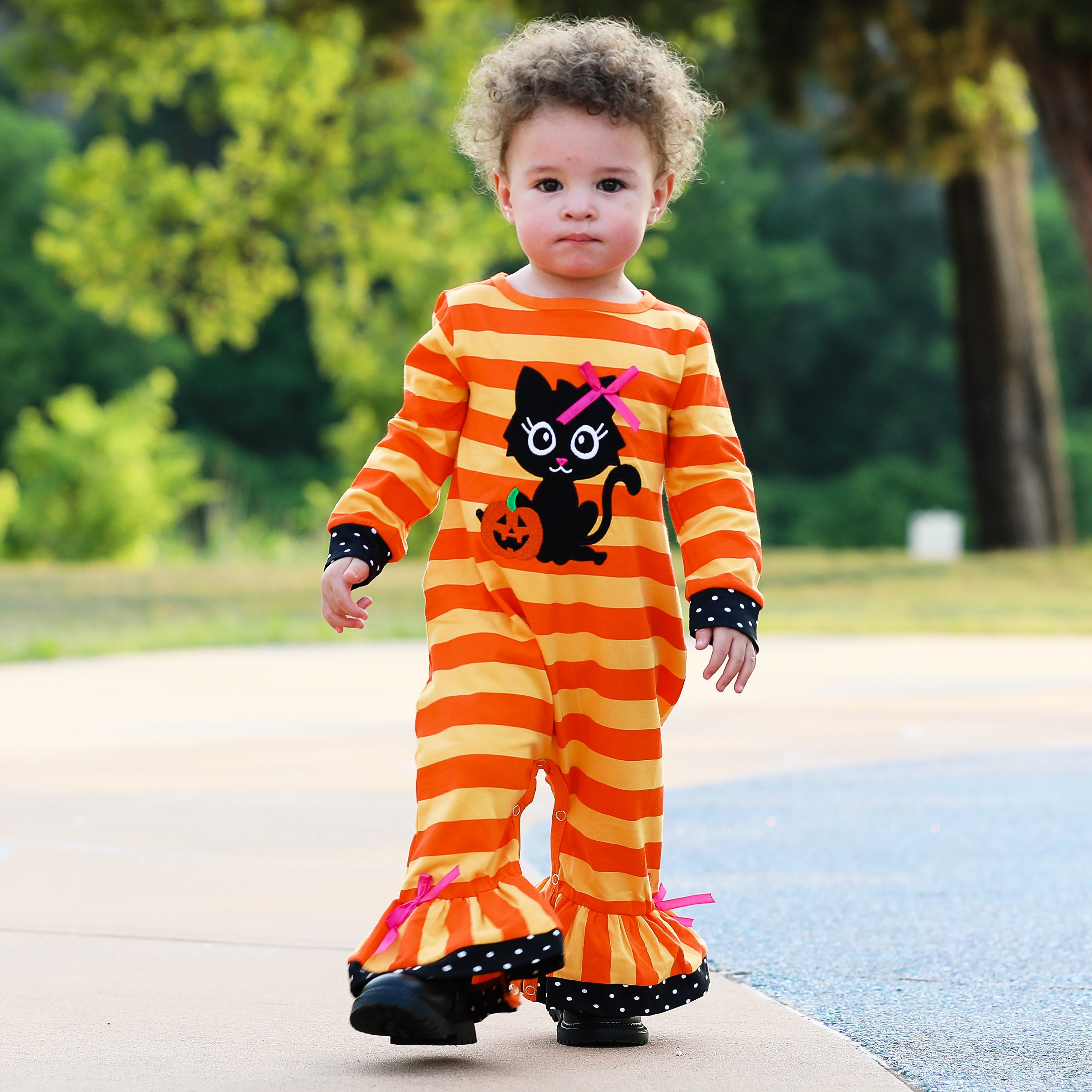 Baby Girls Halloween Sweet Black Cat Orange Cotton Romper