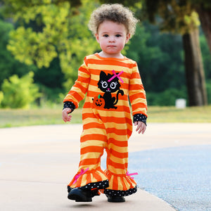 Baby Girls Halloween Sweet Black Cat Orange Cotton Romper