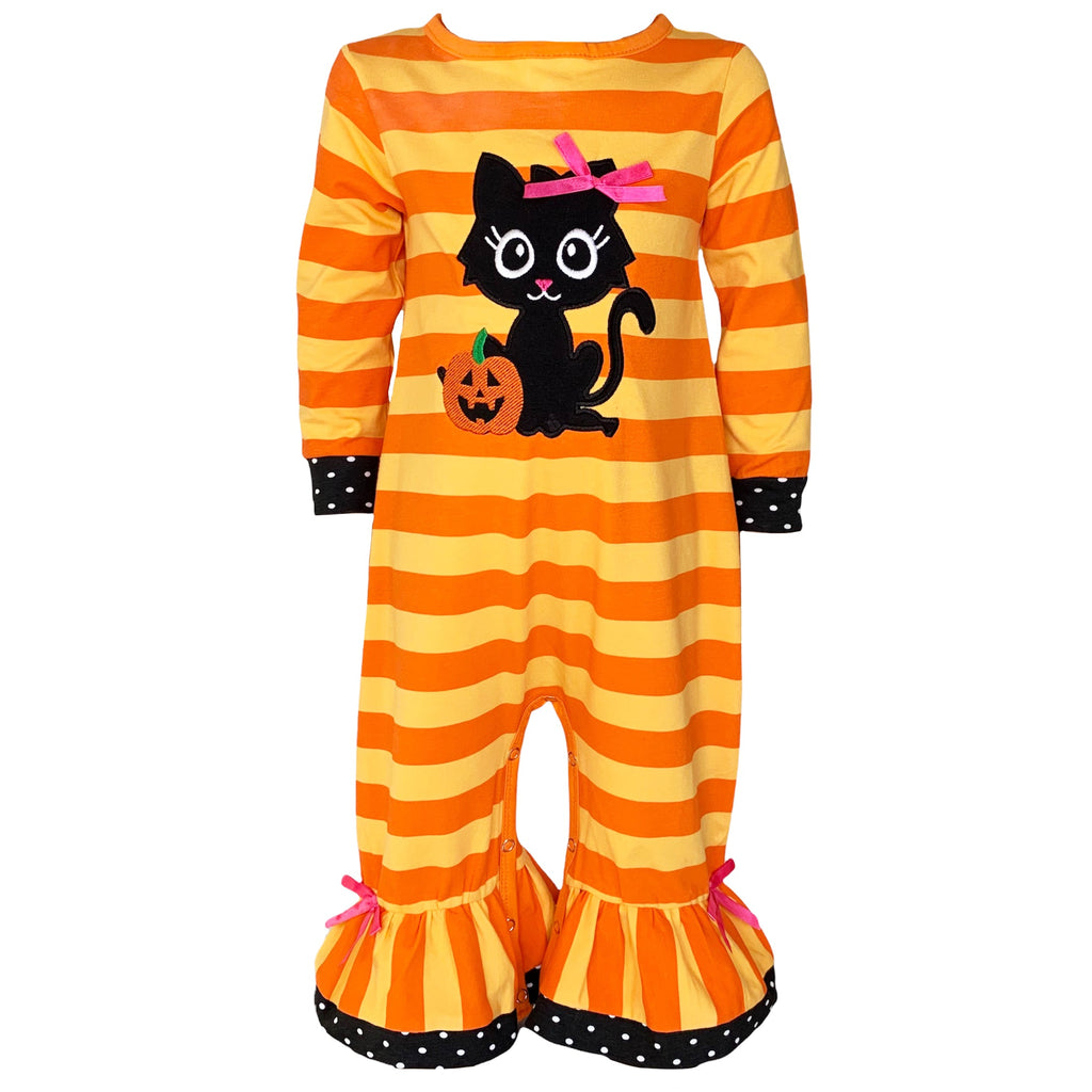 Baby Girls Halloween Sweet Black Cat Orange Cotton Romper - 99fab 