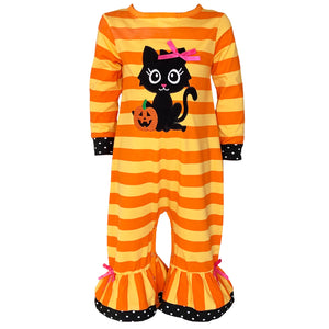 Baby Girls Halloween Sweet Black Cat Orange Cotton Romper