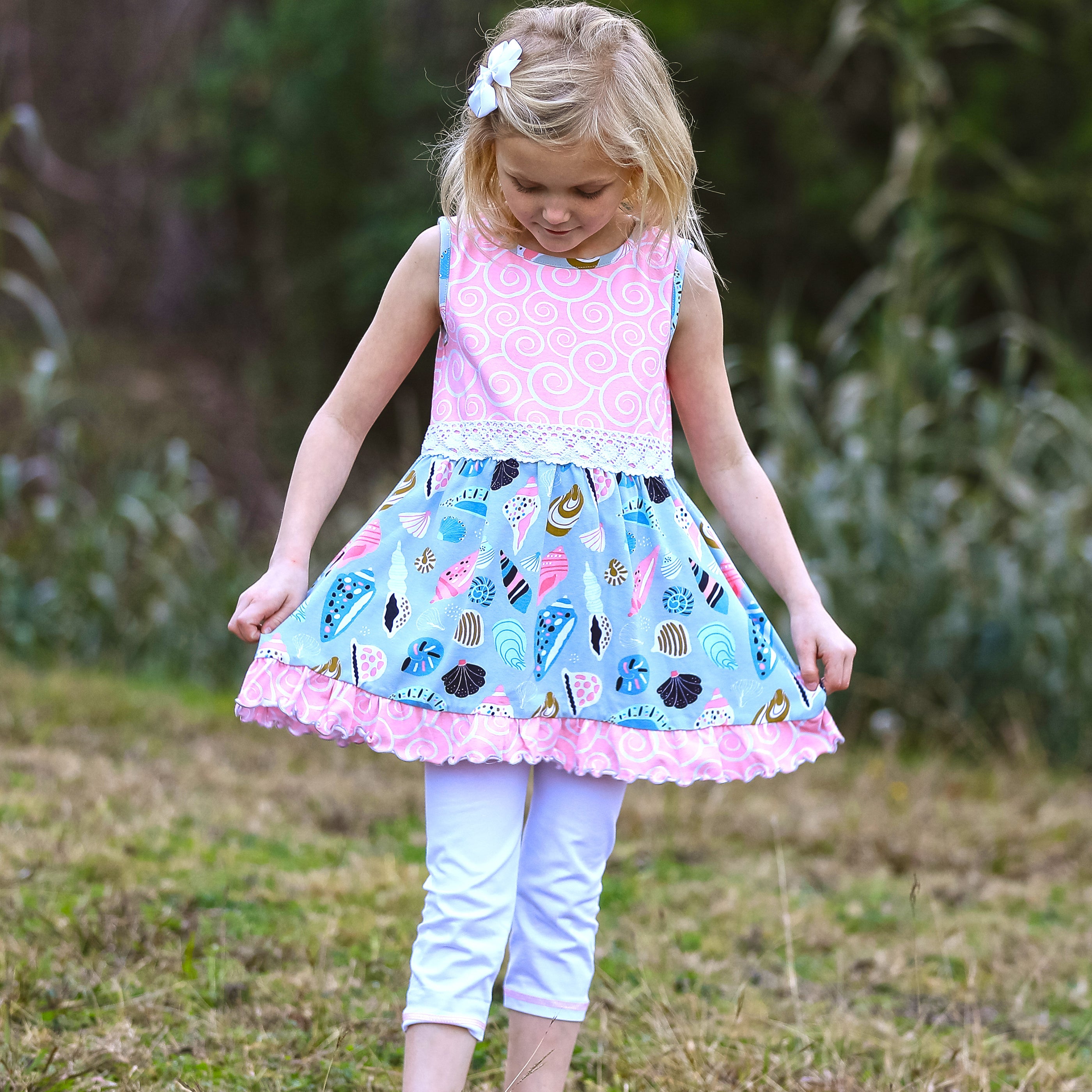 Girls Seashells & Swirls Dress & White Capri Leggings Boutique Set