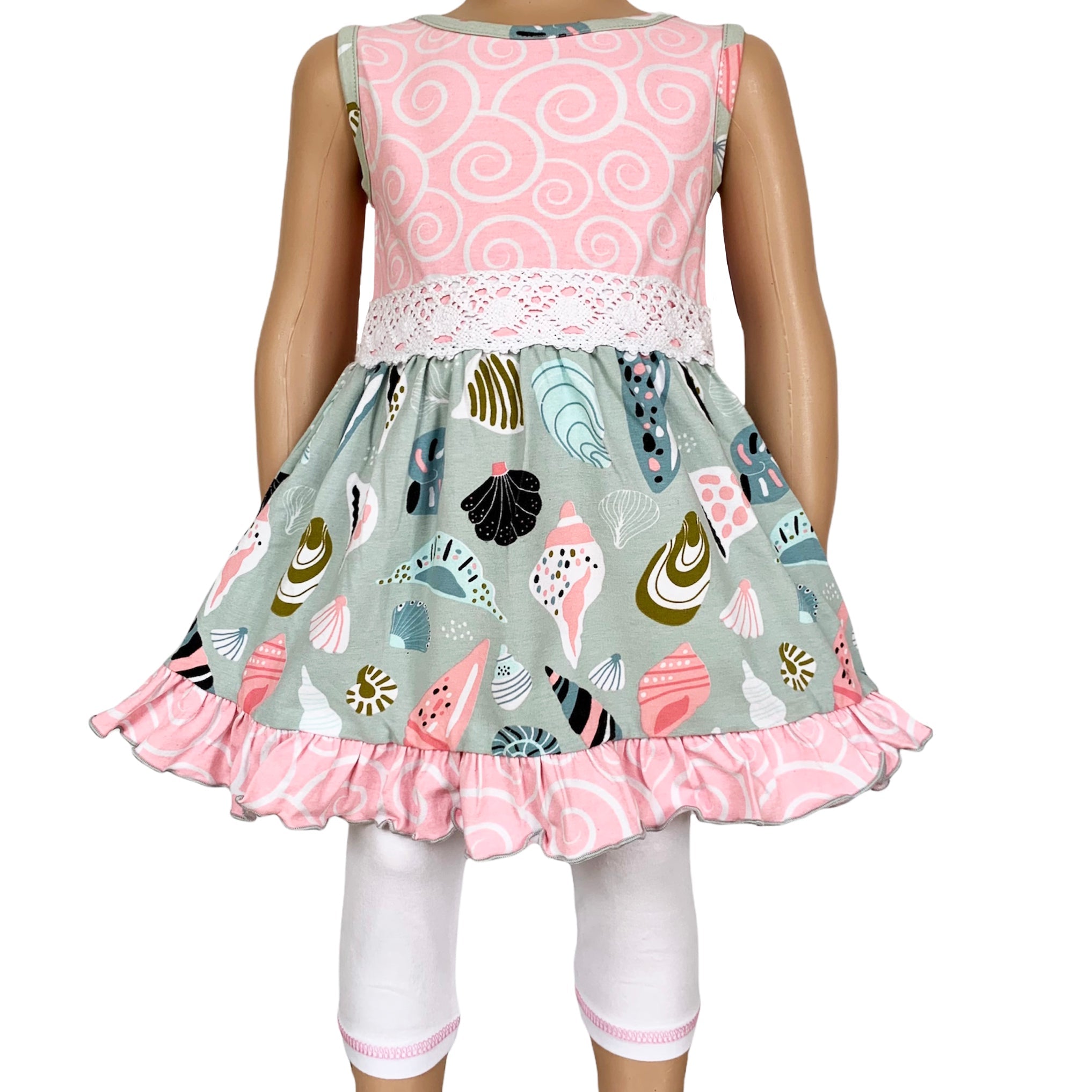 Girls Seashells & Swirls Dress & White Capri Leggings Boutique Set