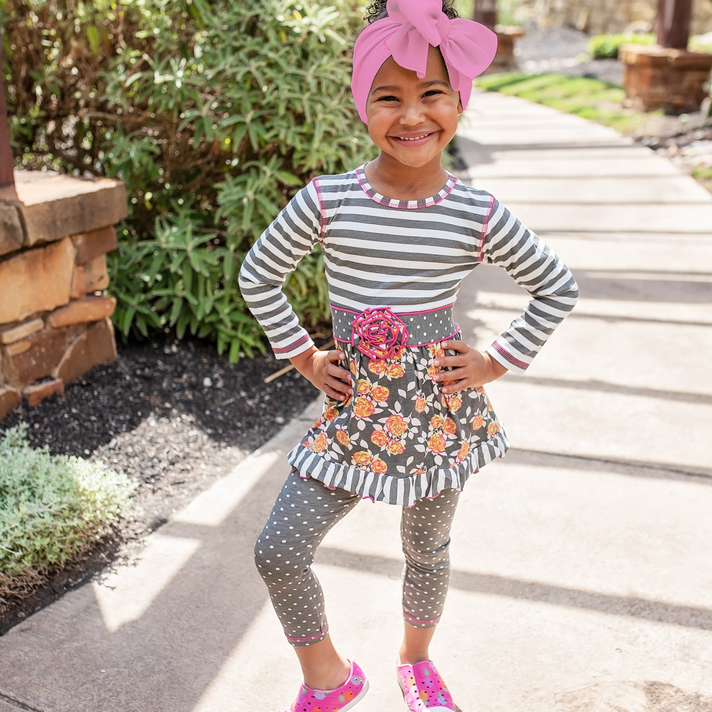 Boutique Grey Floral & Striped Dress & Polka Dot Leggings Clothing Set