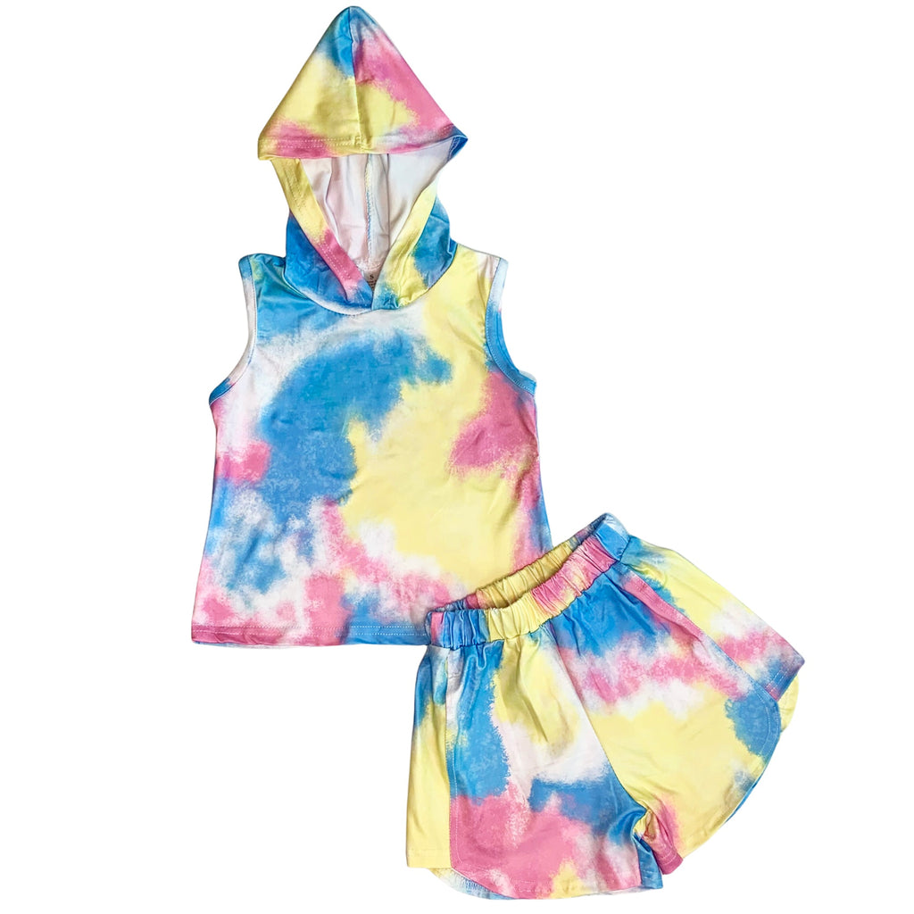 AL Limited Little and Big Girls Pastel Tie Dye Hoodie Top Shorts Outfit Set - 99fab 