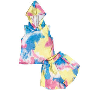 AL Limited Little and Big Girls Pastel Tie Dye Hoodie Top Shorts Outfit Set