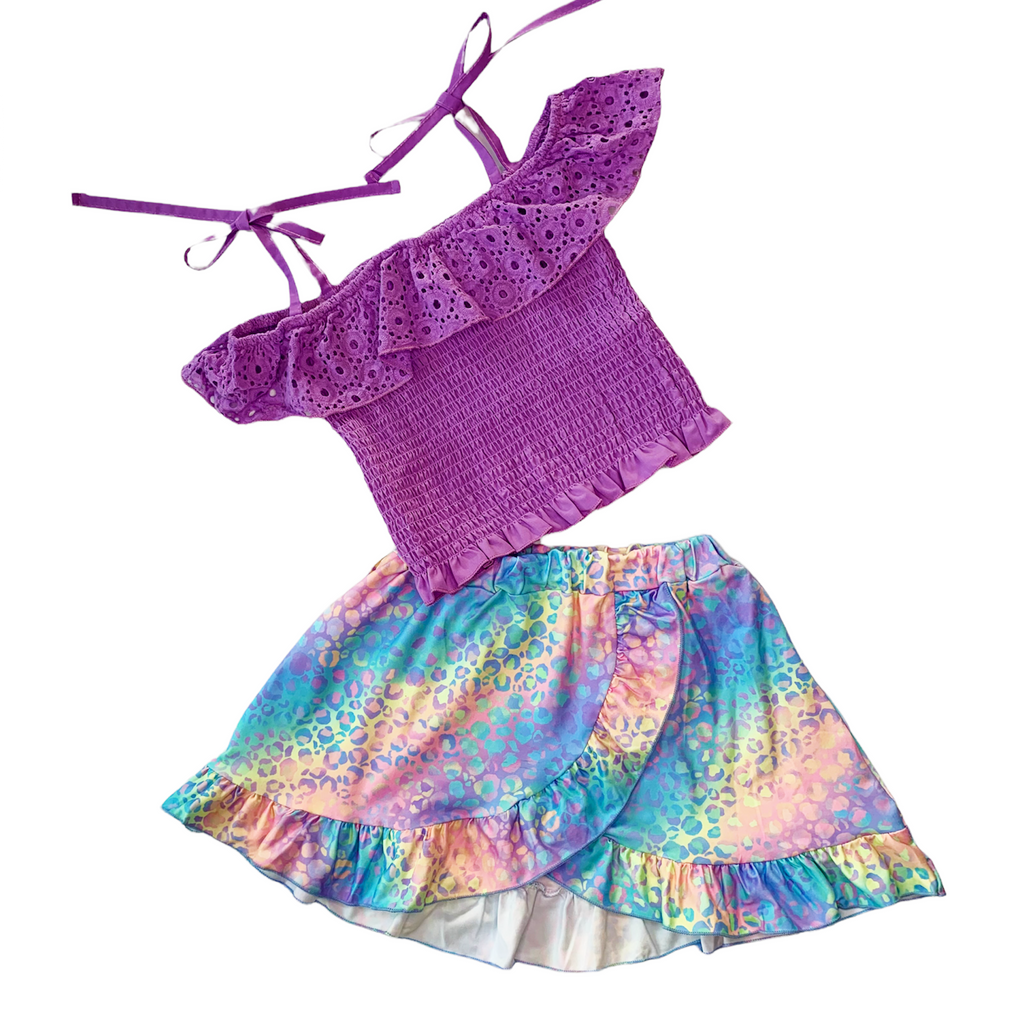 AL Limited Little & Big Girls Purple Eyelet Smocked Top and Tie Dye Skirt - 99fab 