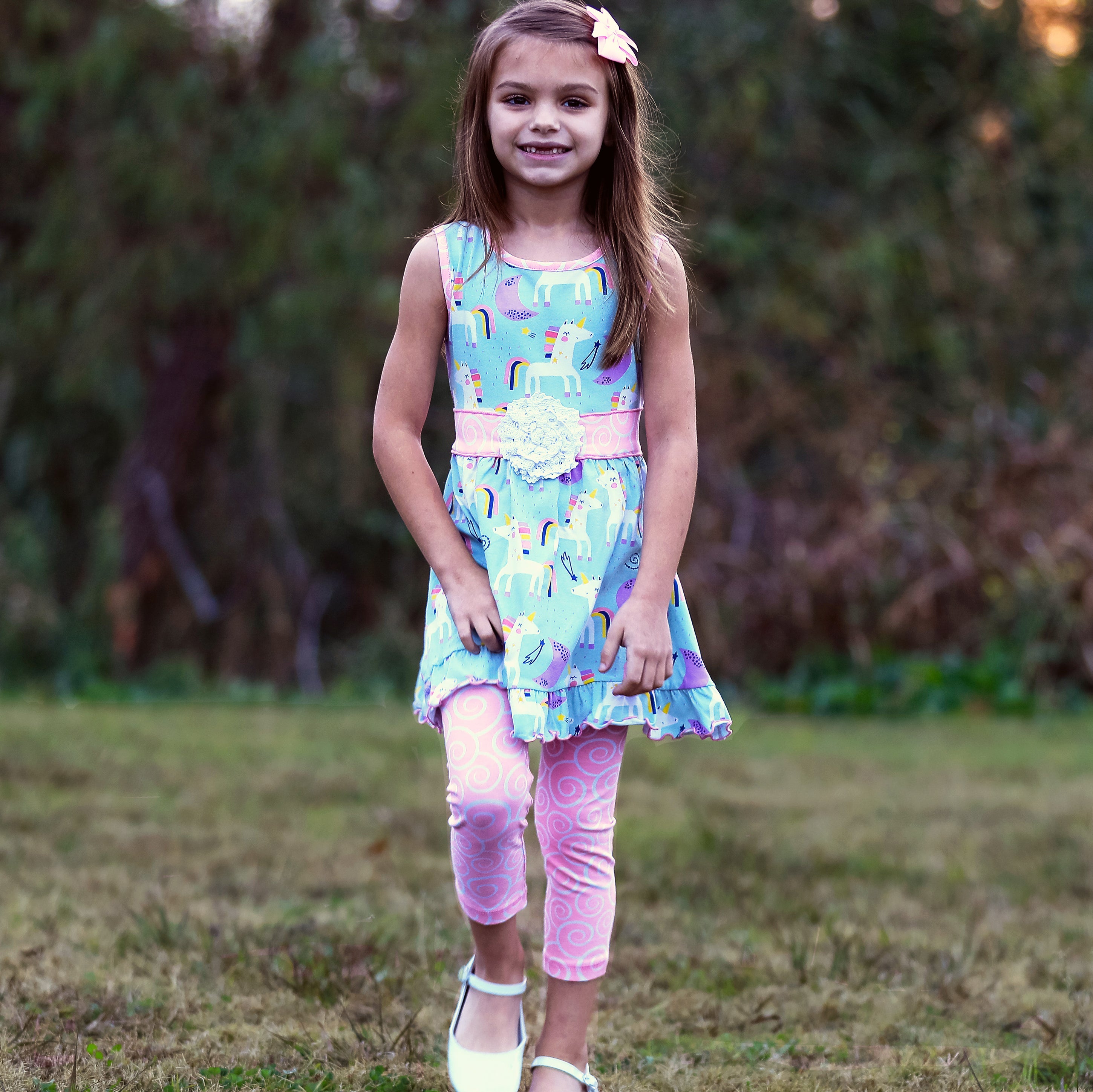 Little & Big Girls Unicorns Rainbow Dress & Pink Swirl Leggings Outfit