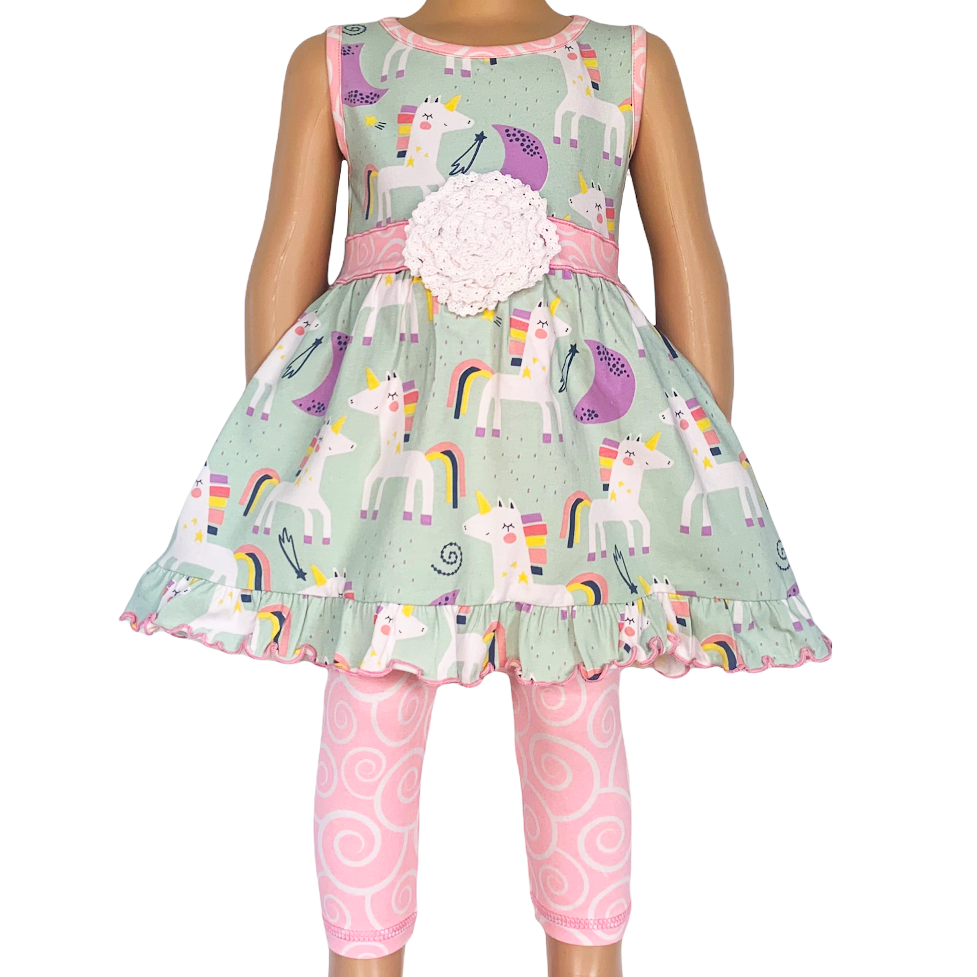 Little & Big Girls Unicorns Rainbow Dress & Pink Swirl Leggings Outfit