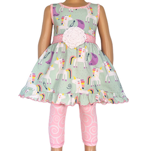 Little & Big Girls Unicorns Rainbow Dress & Pink Swirl Leggings Outfit