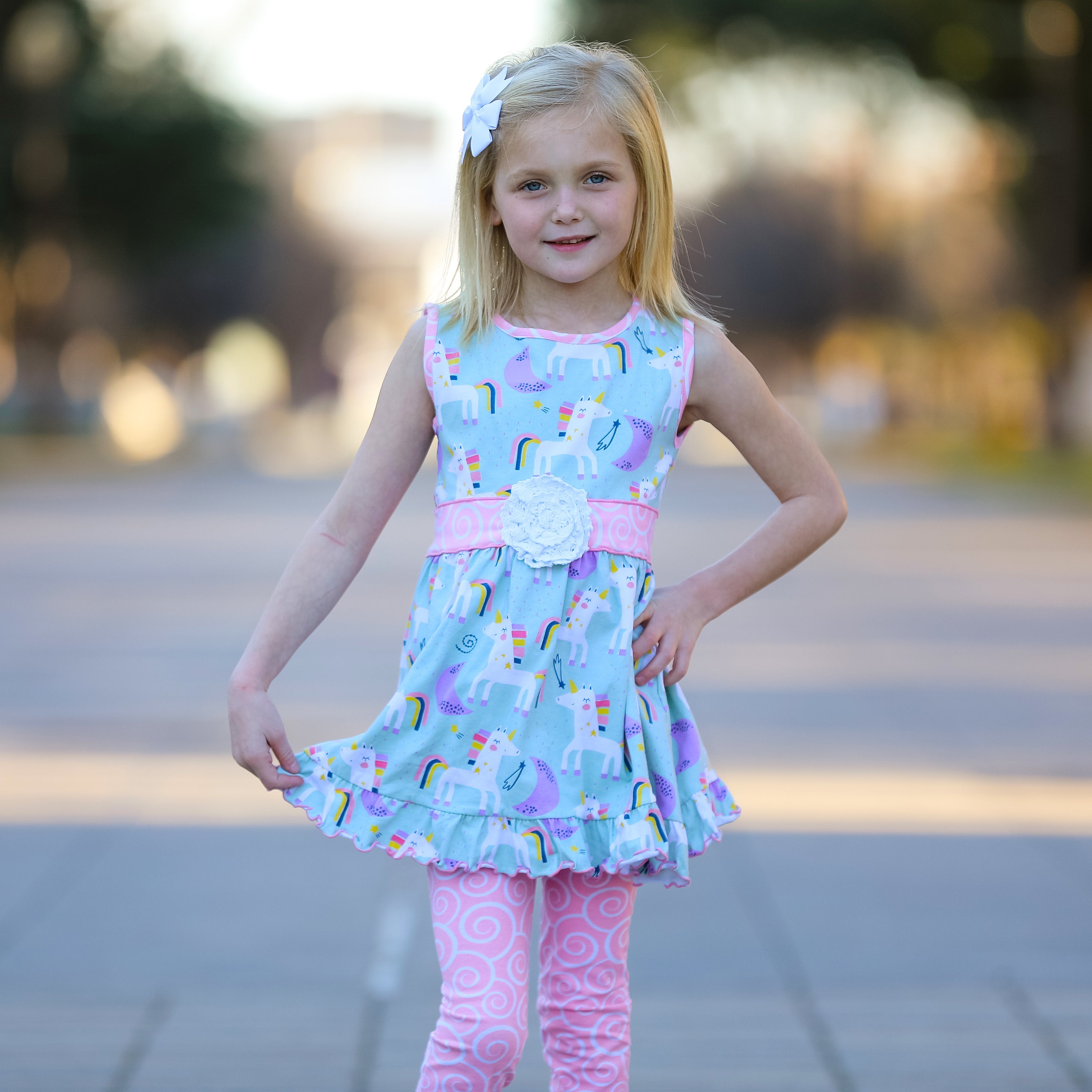 Little & Big Girls Unicorns Rainbow Dress & Pink Swirl Leggings Outfit