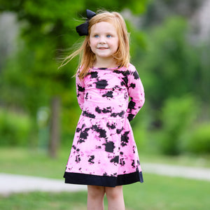 Girls Boutique Pink Black White Tie Dye Long Sleeve Cotton Dress