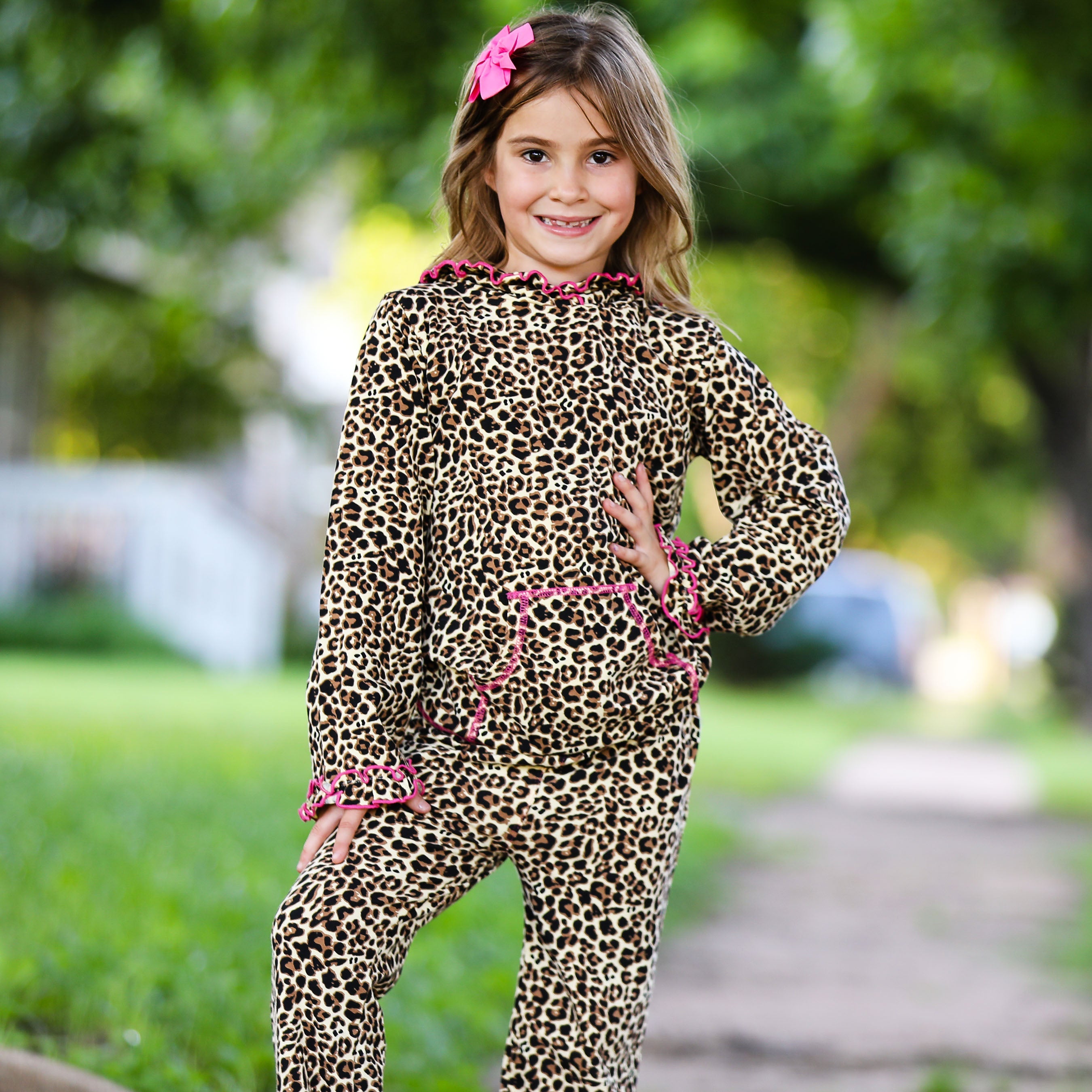 Girls Leopard Ruffle Hoodie 2 Pc Fashion Track Suit