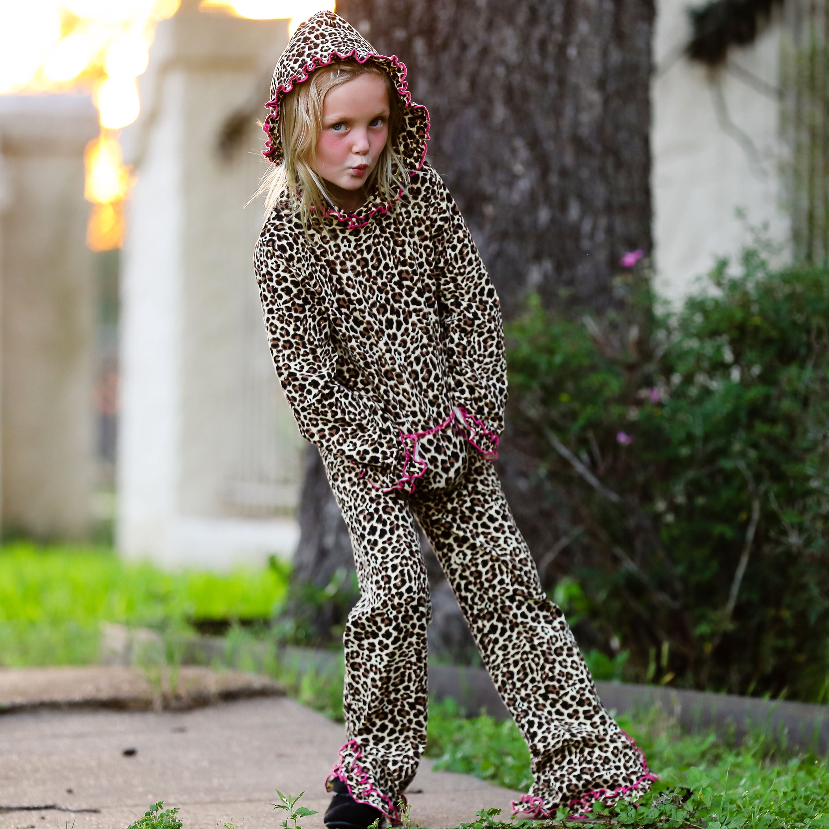 Girls Leopard Ruffle Hoodie 2 Pc Fashion Track Suit