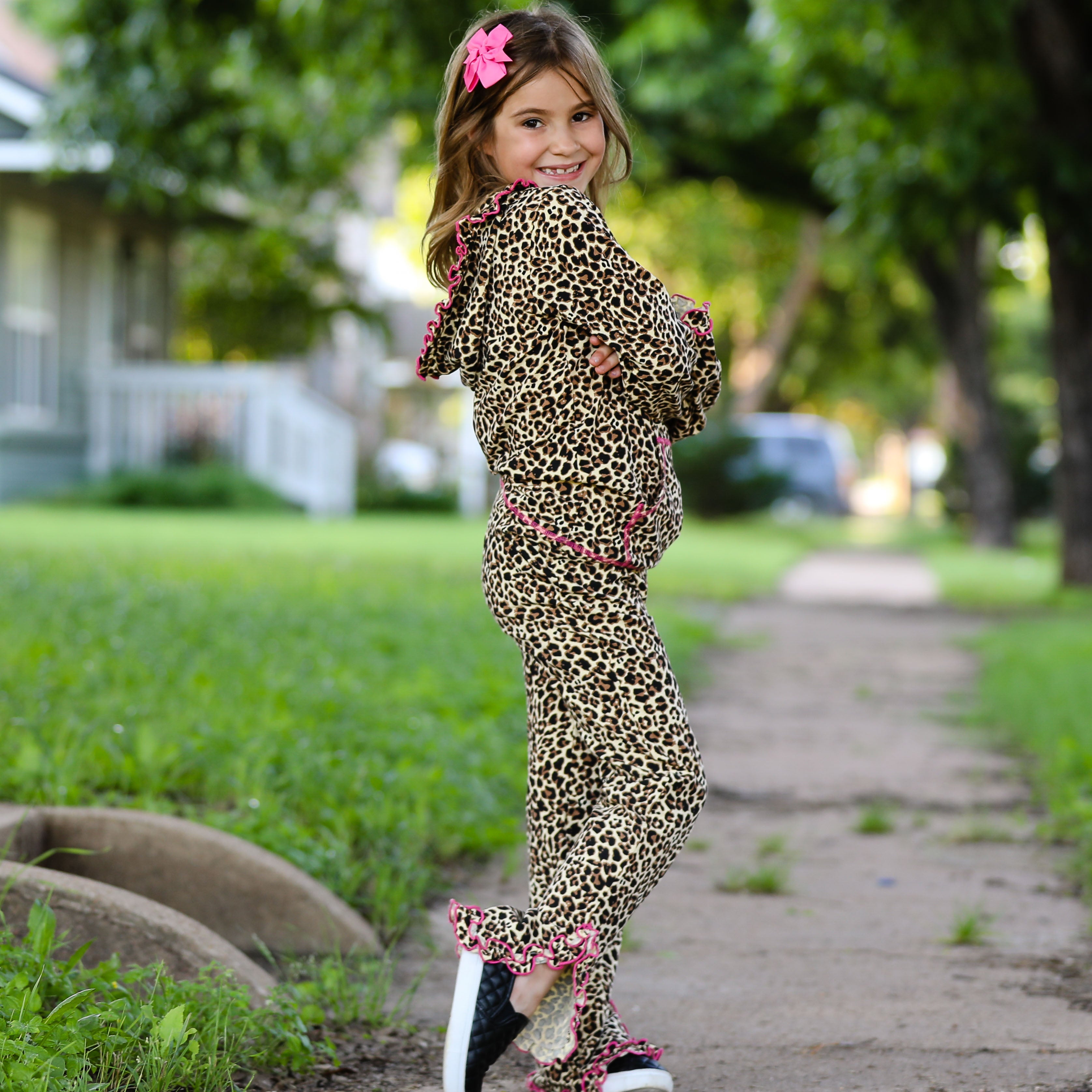 Girls Leopard Ruffle Hoodie 2 Pc Fashion Track Suit