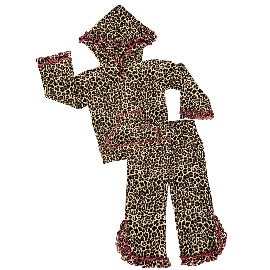 Girls Leopard Ruffle Hoodie 2 Pc Fashion Track Suit - 99fab 