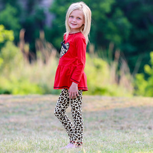 Girls Winter Leopard Heart Holiday Dress Tunic & Leggings Set Outfit