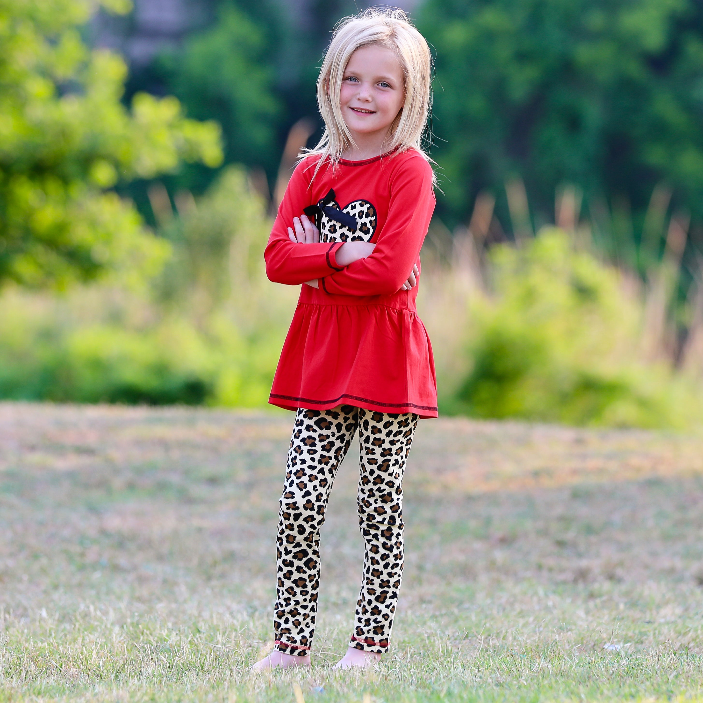 Girls Winter Leopard Heart Holiday Dress Tunic & Leggings Set Outfit