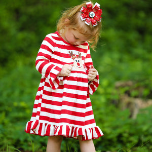 Girls Boutique Red Stripe Christmas Rudolf the Reindeer Swing Dress