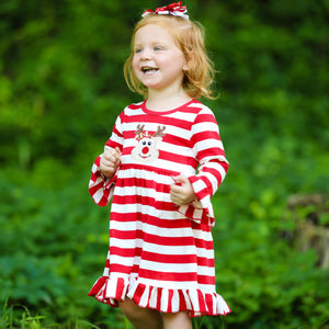 Girls Boutique Red Stripe Christmas Rudolf the Reindeer Swing Dress