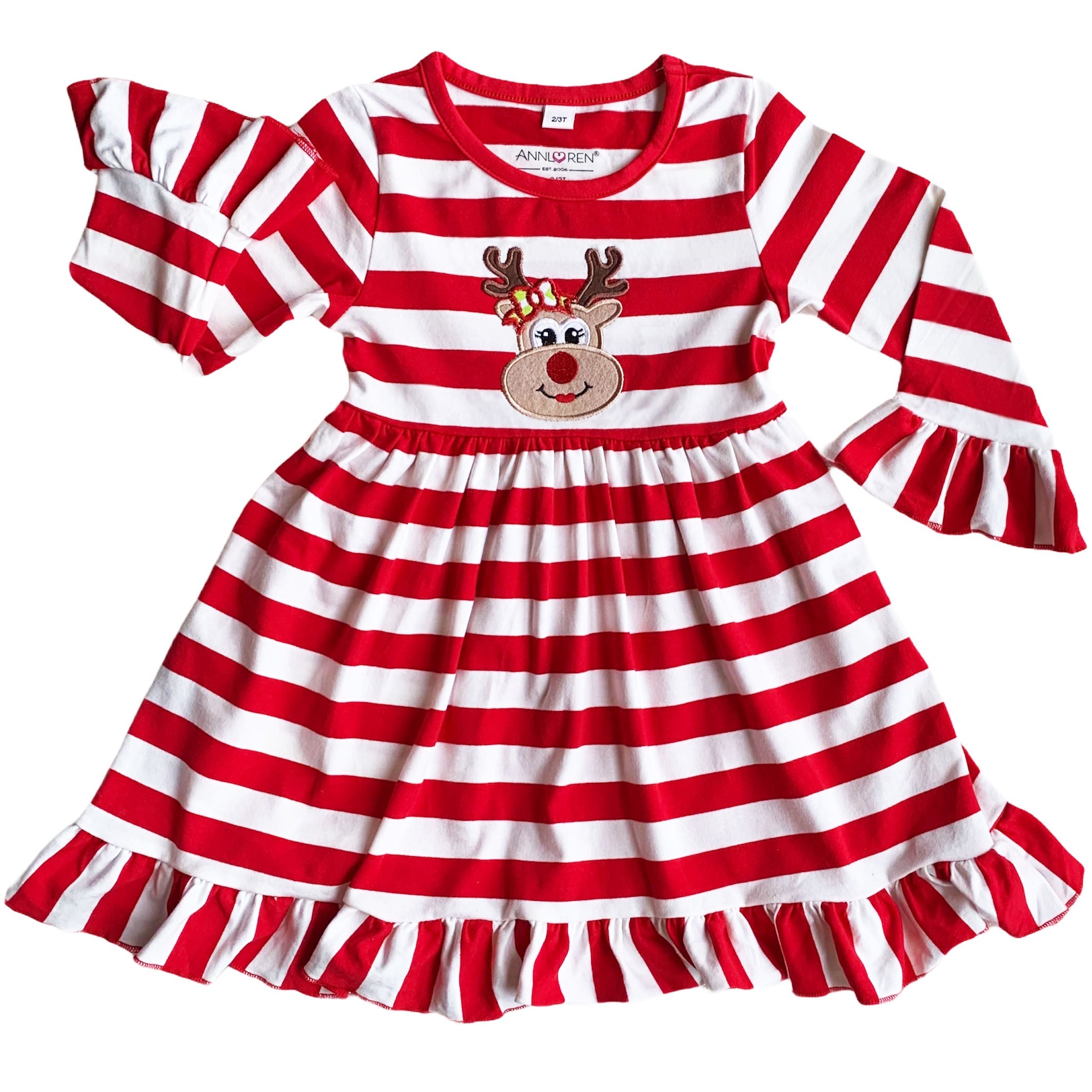 Girls Boutique Red Stripe Christmas Rudolf the Reindeer Swing Dress